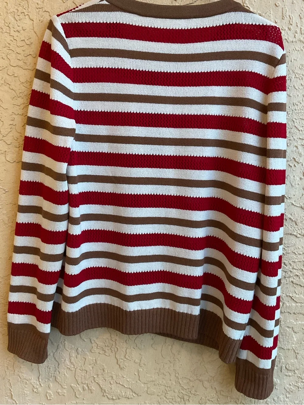 Vintage St. John Sport Striped Wool Blend Cardigan Sweater Red Ivory Camel MED - Picture 5 of 16